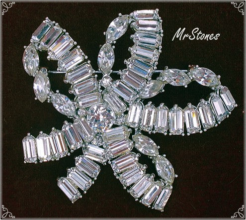 Vintage Big Bright Bow Brooch Crystal Rhinestones 2 3/4"