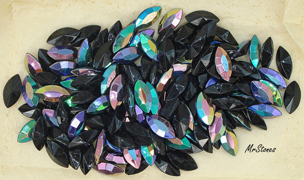 15x7mm (4200/2) TTC Jet Black AB Unfoiled Marquise Navette West Germany