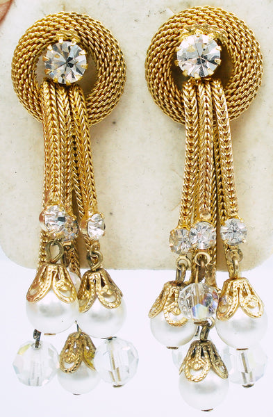 Earrings~Mesh Rat Tail Tiered Dangles Crystals AB Beads Faux Pearls 2 1/4"