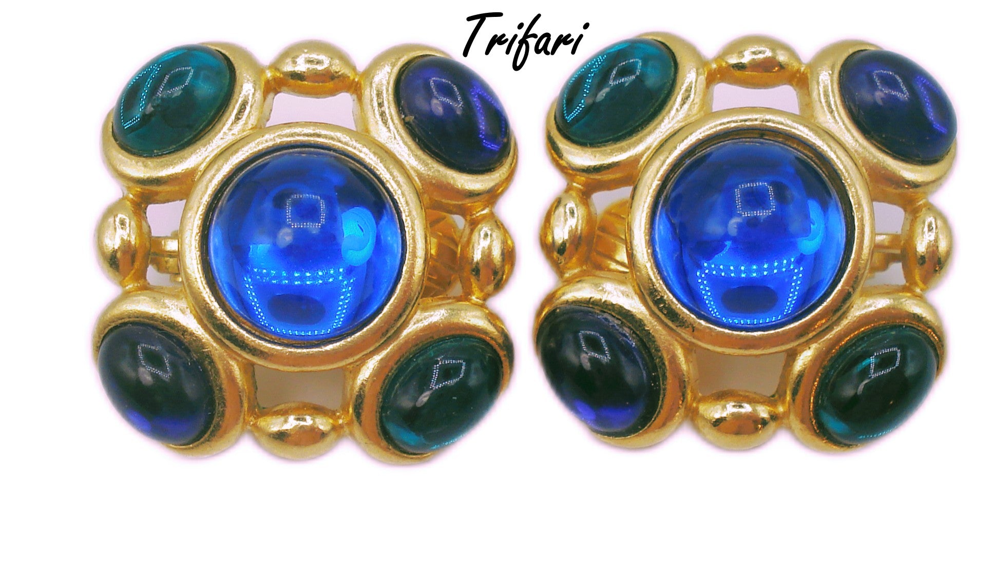 TRIFARI~Gripoix Style Earrings Capri Blue Emerald Amethyst Cabochons