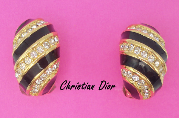 CHRISTIAN DIOR~Earrings Crystal Rhinestones Black Enamel Slant Strips 7/8" Clip On