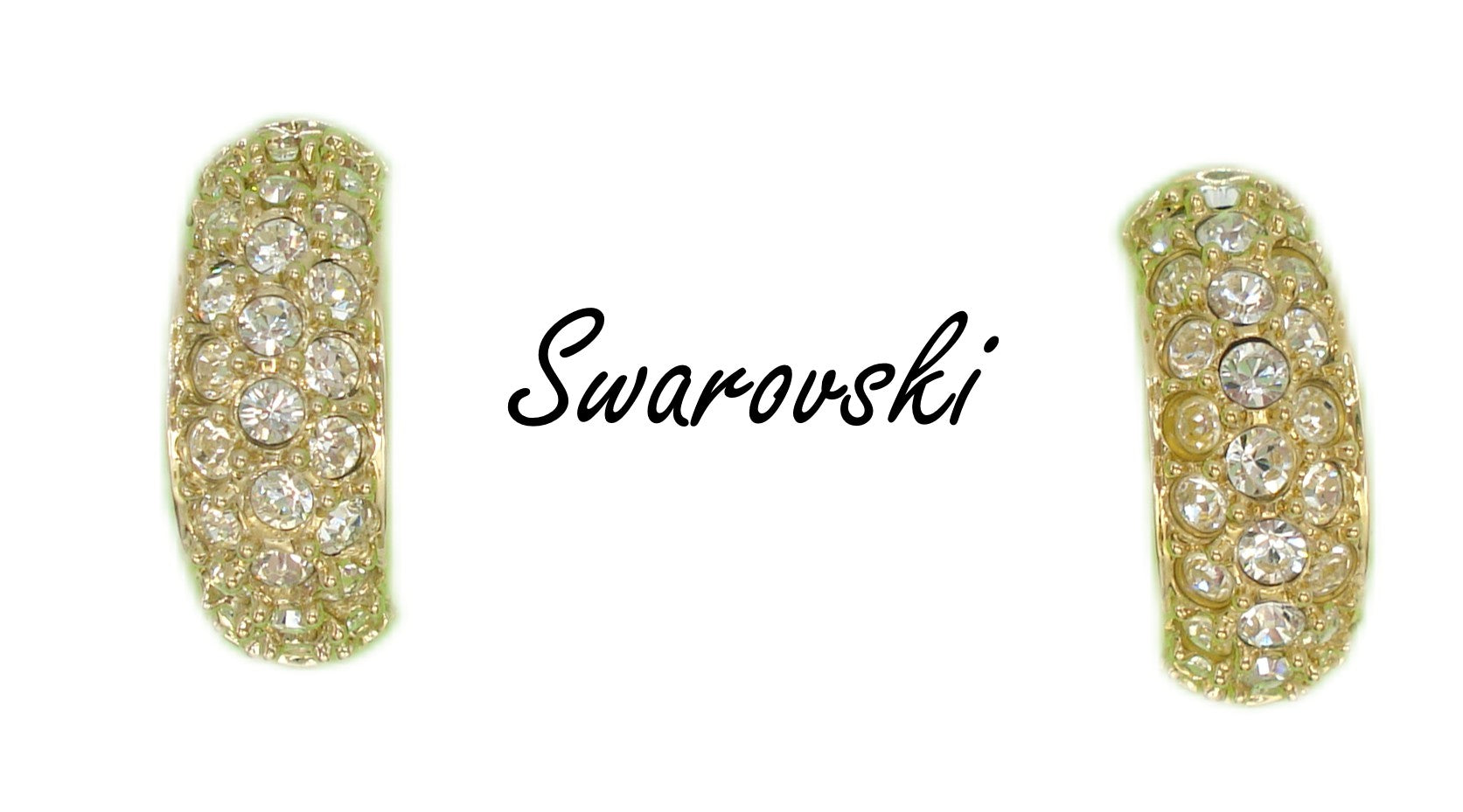 SWAROVSKI~Post Earrings Gold Tone Crystal Rhinestone Rounds Half Hoop 7/8"