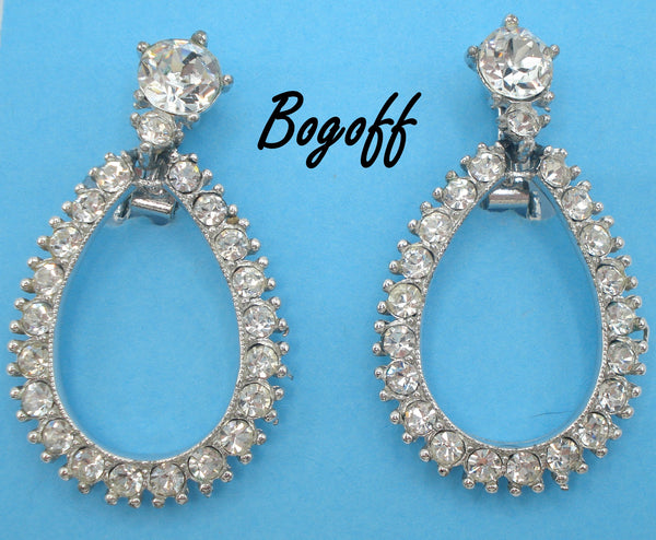 BOGOFF~Earrings Clip On Hoop Dangles Crystal Rhinestones Silver Tone 1 3/4"