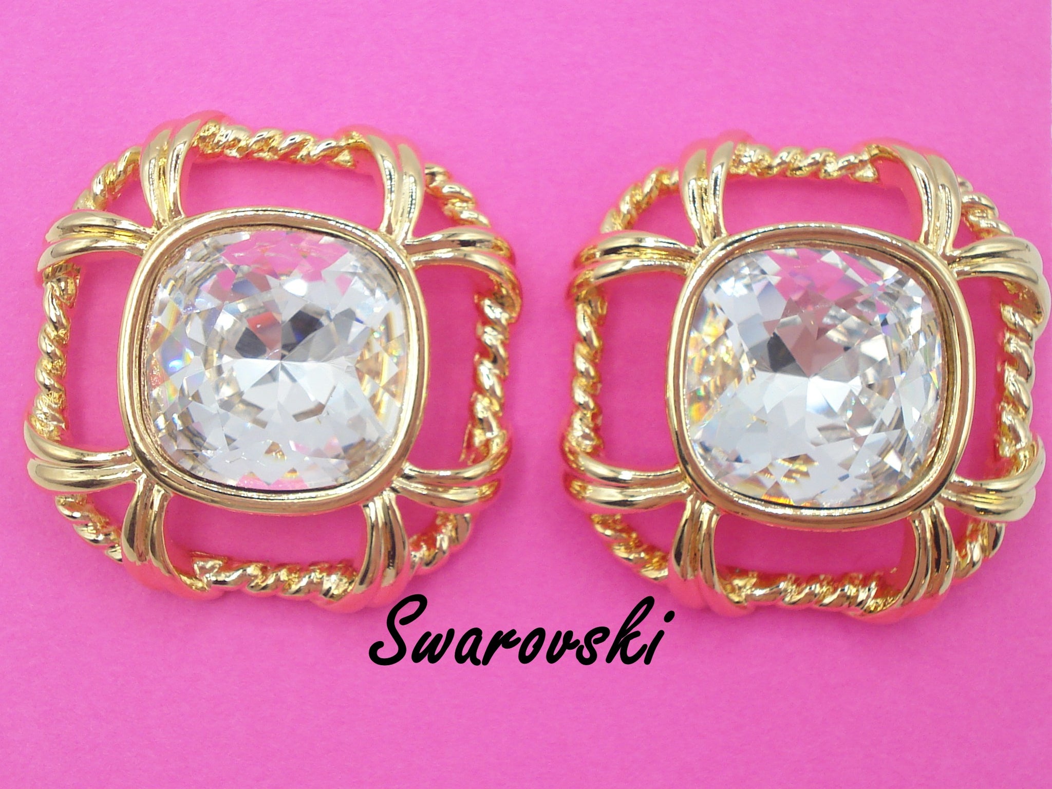 SWAROVSKI~Post Earrings Open Antique Square Gold Tone Crystal Rhinestone