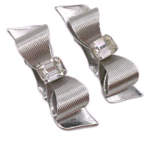 CORO-Earrings Silver Tone Bow Crystal Cushion Octagon Center 1.5"