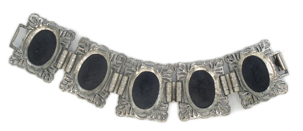 BRACELET~Victorian Revival Chunky Heavy Antiqued Silver Tone Lg Oval Jet Cabs
