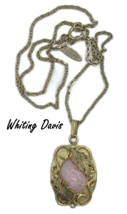 WHITING DAVIS~Necklace Victorian Revival Pendant Leaves Pink Speckled Cab