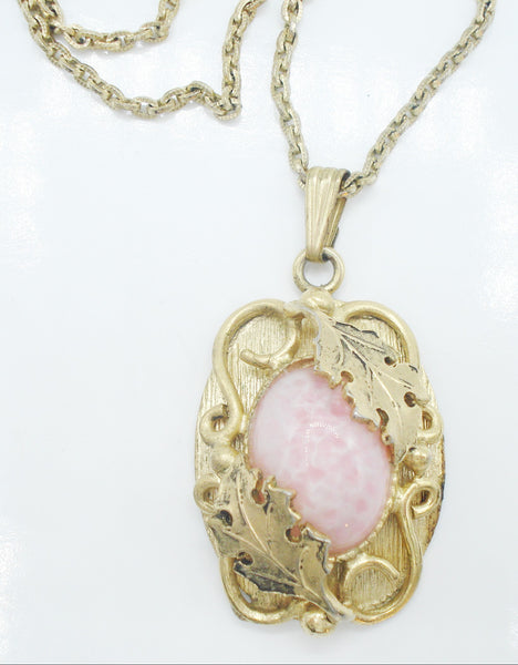 WHITING DAVIS~Necklace Victorian Revival Pendant Leaves Pink Speckled Cab