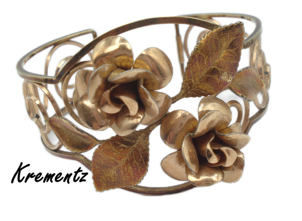 KREMENTZ~Bracelet Open Scroll 2 Flowers Leaves 7" x 1 1/2"