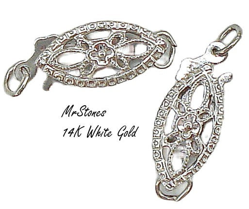14K White Gold Pearl Fish Hook Filigree Clasp Single Strand