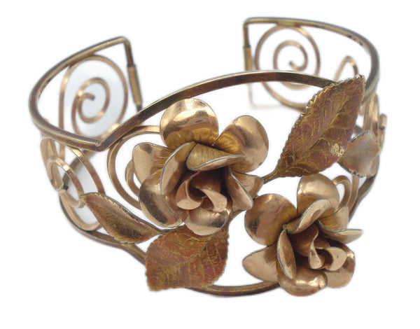 KREMENTZ~Bracelet Open Scroll 2 Flowers Leaves 7" x 1 1/2"