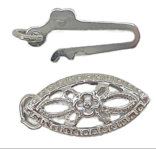 14K White Gold Pearl Fish Hook Filigree Clasp Single Strand