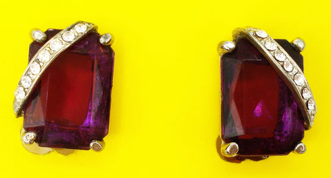 EARRINGS-Ruby Cushion Octagon Crystal Rhinestone Row Accent 3/4" Clip On