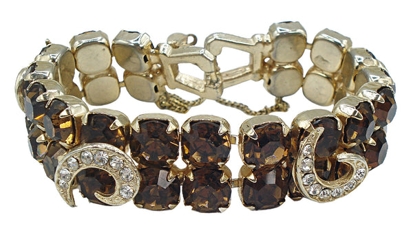 Bracelet Prong Set Smoked Topaz Gold Tone Crystal Comma Accents 6.5"