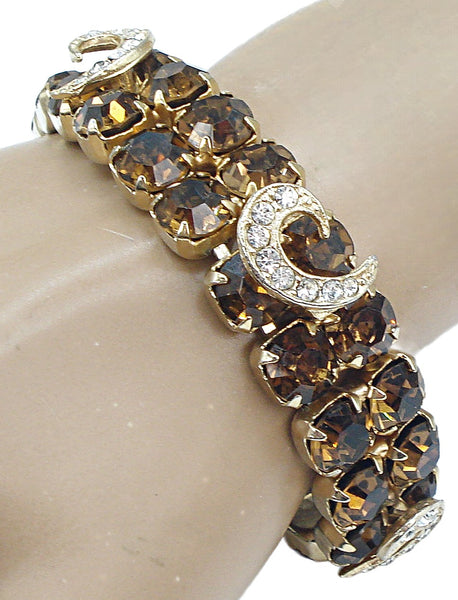 Bracelet Prong Set Smoked Topaz Gold Tone Crystal Comma Accents 6.5"