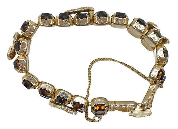 Bracelet Prong Set Smoked Topaz Gold Tone Crystal Comma Accents 6.5"