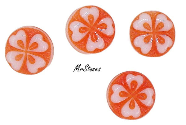 9mm (8.7mm) Round Cabochon Orange with White 4 Leaf Clover Flower West German