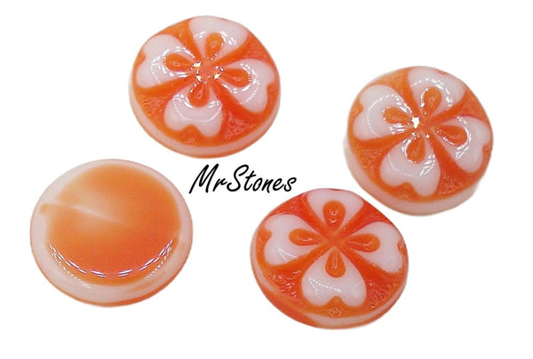 9mm (8.7mm) Round Cabochon Orange with White 4 Leaf Clover Flower West German