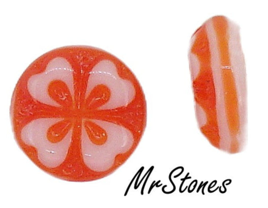 9mm (8.7mm) Round Cabochon Orange with White 4 Leaf Clover Flower West German