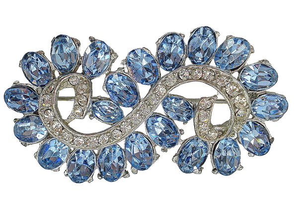 Brooch 2" Silver Tone S Swirl Light Sapphire Ovals Crystal Accents