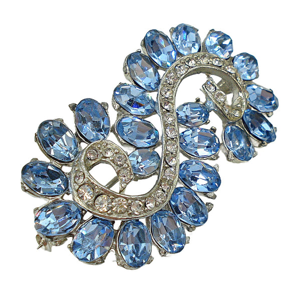 Brooch 2" Silver Tone S Swirl Light Sapphire Ovals Crystal Accents