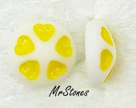9mm 8.8mm Round Glass Cabochon White with Yellow Indented Heart West German