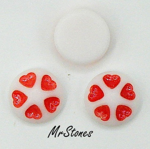 9mm 8.8mm Round Glass Cabochon White with Red Indented Hearts West German