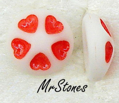 9mm 8.8mm Round Glass Cabochon White with Red Indented Hearts West German