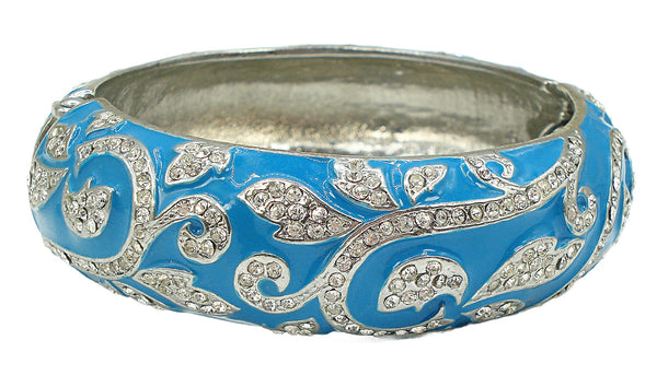 Bracelet Silver Tone Clamper Turquoise Enamel Crystal Rhinestone Floral Vine Pattern