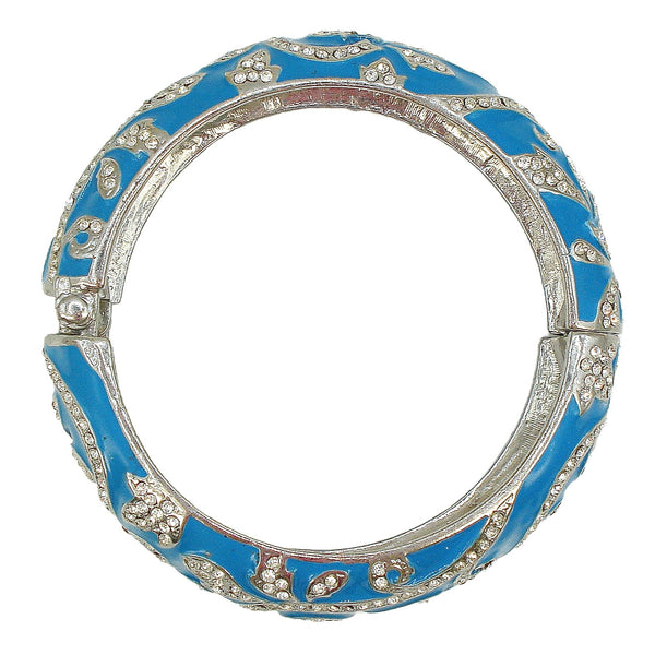 Bracelet Silver Tone Clamper Turquoise Enamel Crystal Rhinestone Floral Vine Pattern