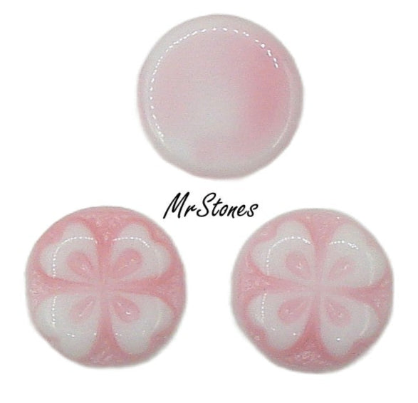 9mm (8.7mm) Round Cabochon Pink with White 4 Leaf Clover Flower West German