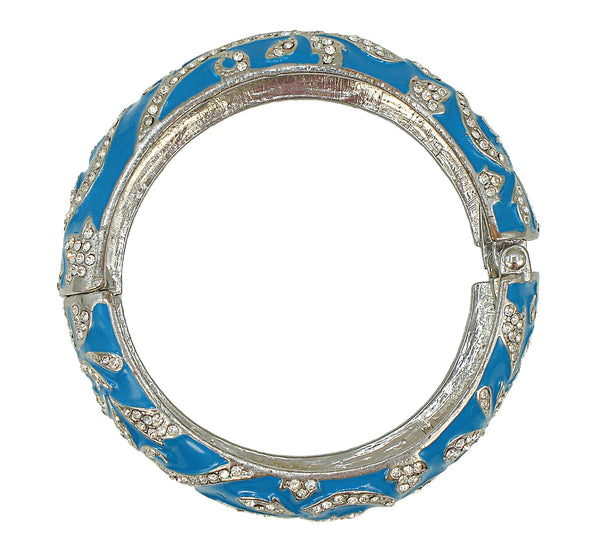 Bracelet Silver Tone Clamper Turquoise Enamel Crystal Rhinestone Floral Vine Pattern