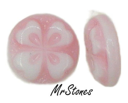 9mm (8.7mm) Round Cabochon Pink with White 4 Leaf Clover Flower West German