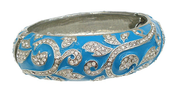 Bracelet Silver Tone Clamper Turquoise Enamel Crystal Rhinestone Floral Vine Pattern