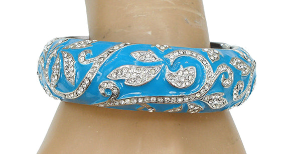 Bracelet Silver Tone Clamper Turquoise Enamel Crystal Rhinestone Floral Vine Pattern