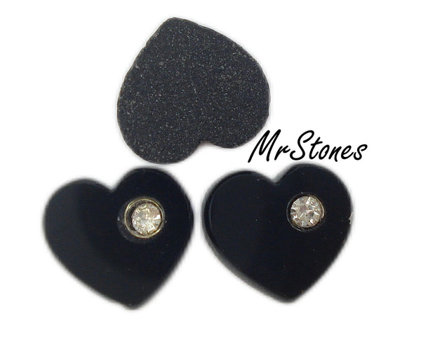 8x7mm (0440) Jet Black Heart Shape with 2mm Cup Accent Crystal Flat Back Glass
