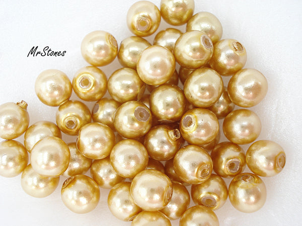 6mm Gold Color Glass Pearl Round Half Drilled One Hole