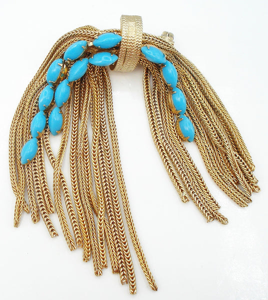 Brooch-Waterfall Rattail Fringe Gold Tone Turquoise Marquise Cabochons