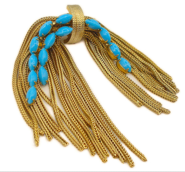 Brooch-Waterfall Rattail Fringe Gold Tone Turquoise Marquise Cabochons