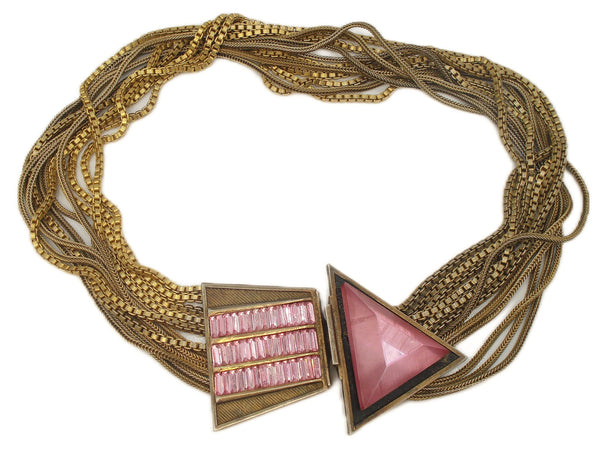 One of Kind Necklace Art Deco Antique Multi Chain Large Pink Triangle Rose Baguettes