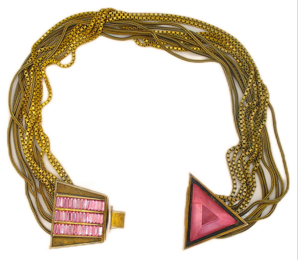 One of Kind Necklace Art Deco Antique Multi Chain Large Pink Triangle Rose Baguettes