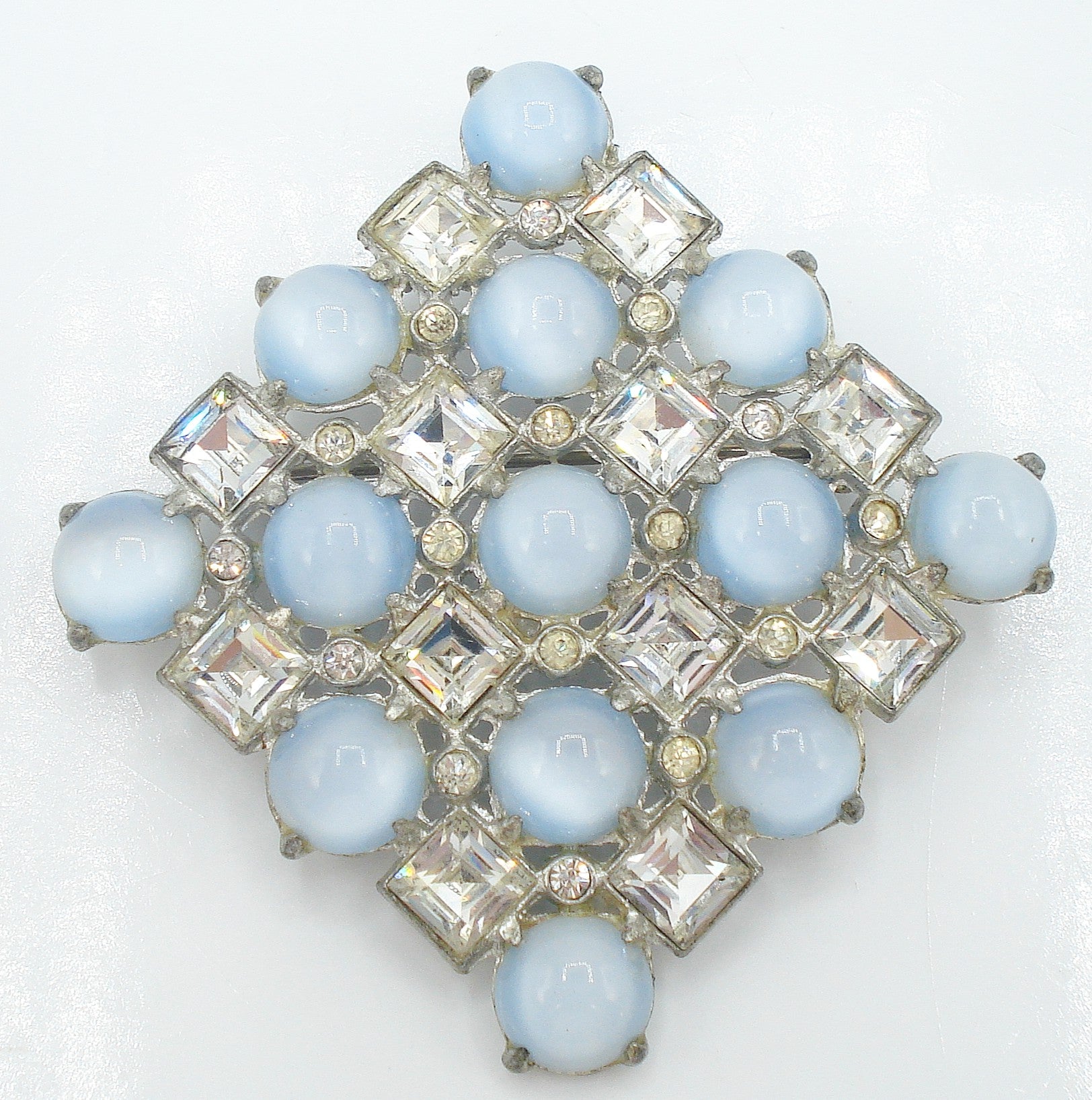 Brooch-2" Square Diamond Shape Crystal Squares Lt Blue Moonstone Cabs