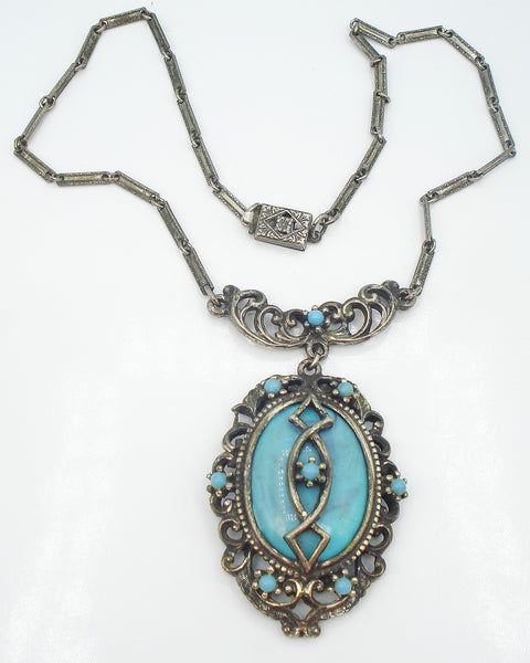 Necklace Victorian Revival Antq. Silver Tone Glass Turquoise Oval 15.5"/2.5"