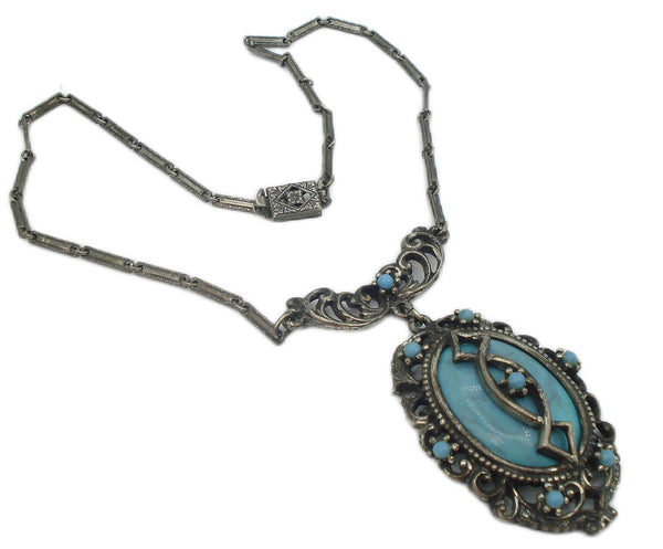 Necklace Victorian Revival Antq. Silver Tone Glass Turquoise Oval 15.5"/2.5"