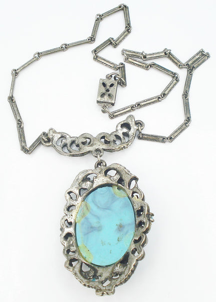 Necklace Victorian Revival Antq. Silver Tone Glass Turquoise Oval 15.5"/2.5"