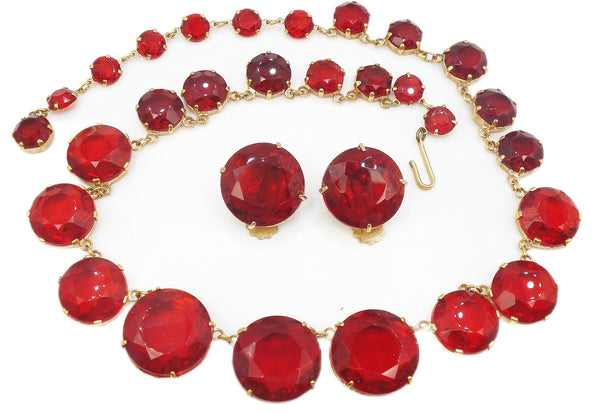 SET-Statement Large Siam 20mm Red Dentelles Open Back Necklace Earrings