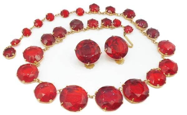 SET-Statement Large Siam 20mm Red Dentelles Open Back Necklace Earrings
