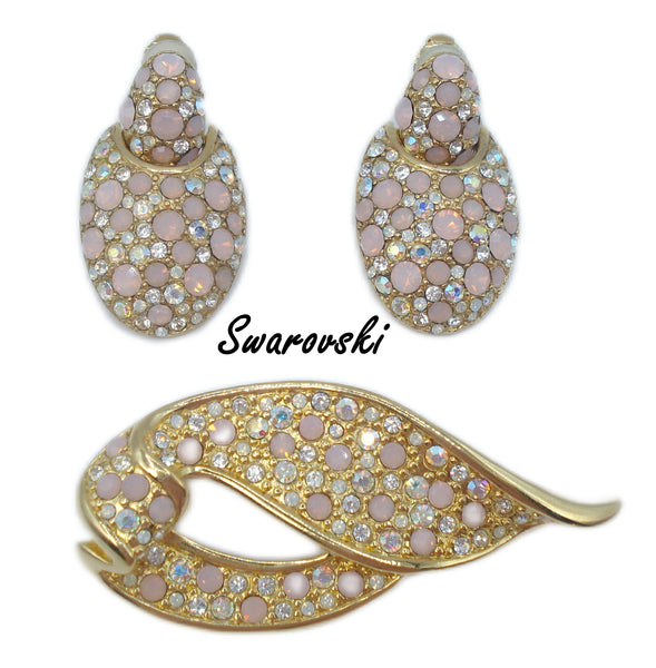 Swarovski Set Brooch Earrings Crystal AB Pink Opal Rhinestones
