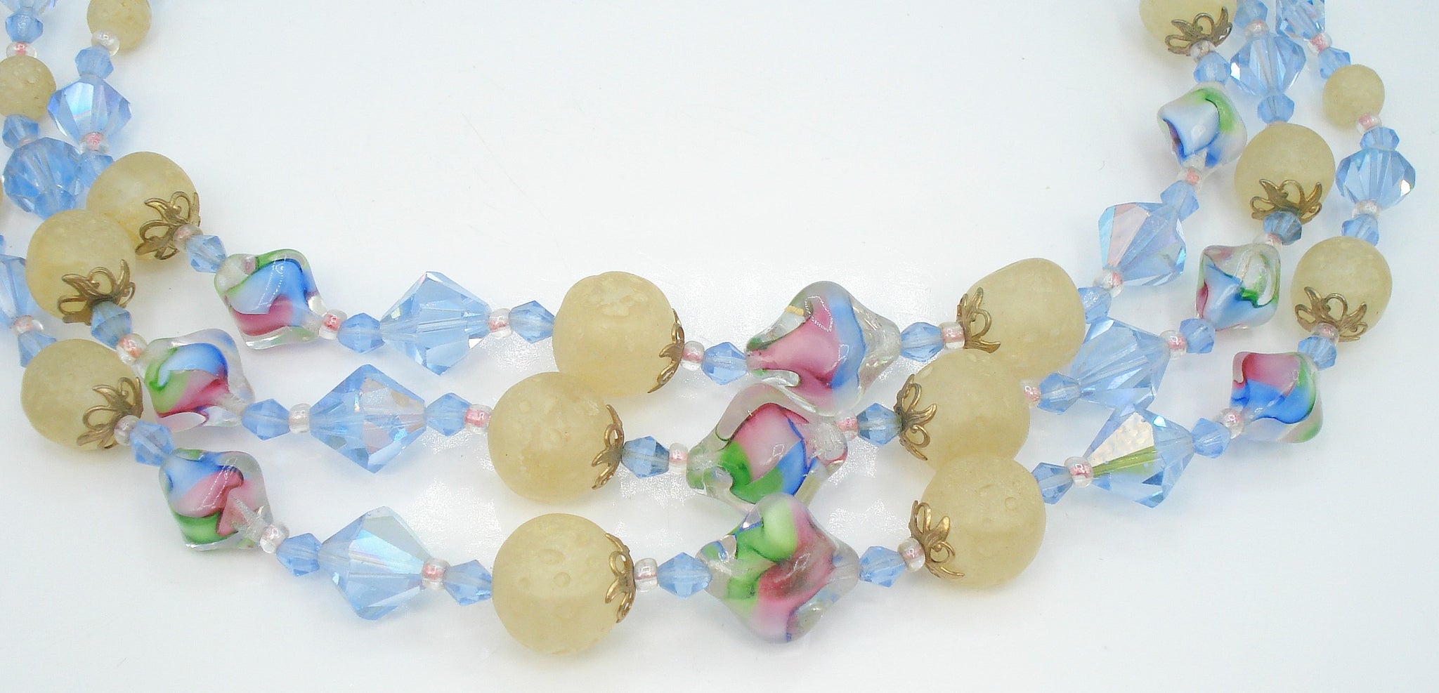 3 Strand Graduated Necklace Iris Light Sapphire Glass Beads 18"