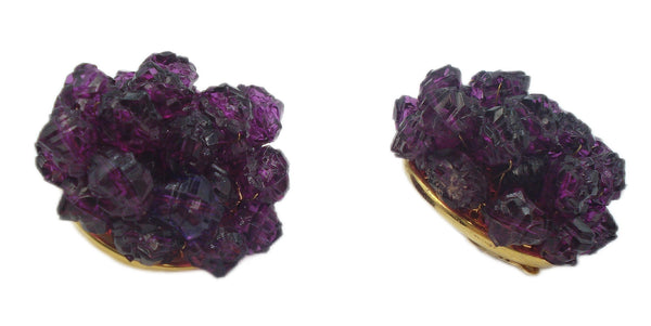 Amy Jo N.Y. Vintage Statement Earrings Purple Cluster Bead Flowers 1 3/4"